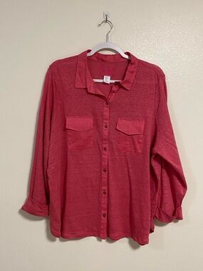 Sigrid Olsen Shirt Women’s Size XL Pink Semi Sheer Linen button up shirt blouse
